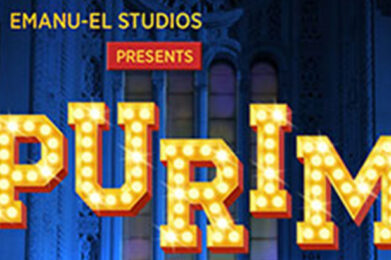 Bold, illuminated letters spell PURIM beneath a sign reading EMANU-EL STUDIOS PRESENTS, set against a dark background featuring elegant architectural accents inspired by Temple Emanu-El.