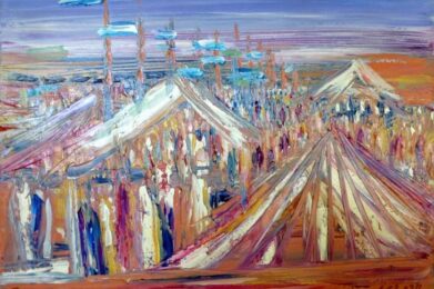 Colorful impressionist painting portrays a vibrant outdoor gathering, with rows of white tents nestled side by side beneath a pastel sky, reminiscent of a festive community event or holiday celebration.