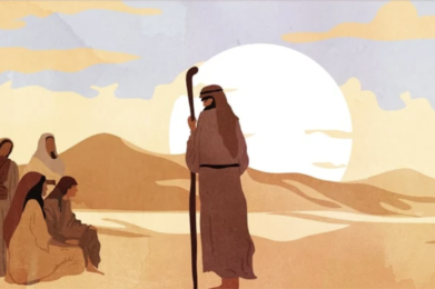 Illustration of Moses holding a staff, addressing the Israelites who are seated and listening attentively in a desert landscape with mountains and the sun in the background.