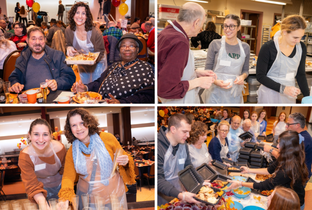 Volunteers in aprons and gloves serve meals to guests at a Temple Emanu-El community event.