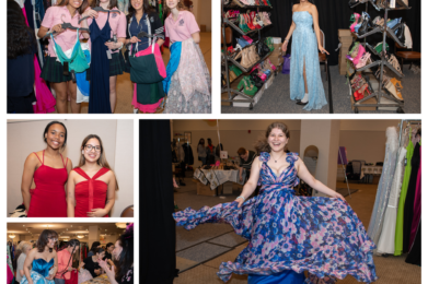 A collage shows teens picking out formal dresses for their proms at Tikkun Olam's Project Prom, which provides young women from schools in low-income neighborhoods with ensembles for prom. The main image features a teen twirling in a flowing blue and purple floral dress, surrounded by displays of elegant attire.