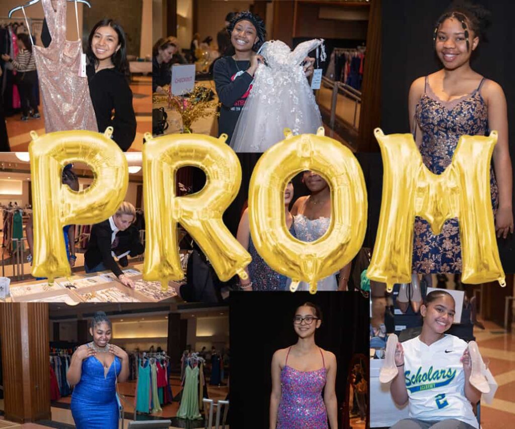 A collage of teens from Temple Emanu-El at a special prom-inspired event, joyfully dressed in formal attire and sharing moments of celebration as they engage in volunteering and acts of tikkun olam, with large gold balloons prominently spelling out PROM in the center.