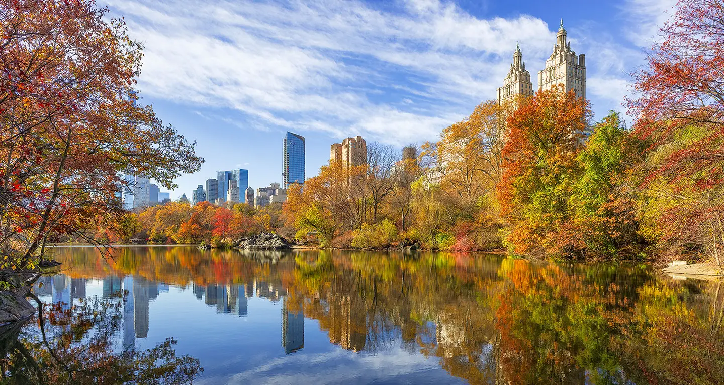 Central Park in autumn, vibrant foliage and tranquil lake, with the New York City skyline behind, near Temple Emanu-El.