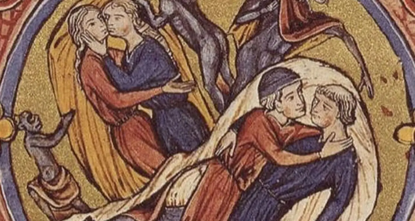 Medieval artwork depicting two couples embracing, with a symbolic figure in the background.