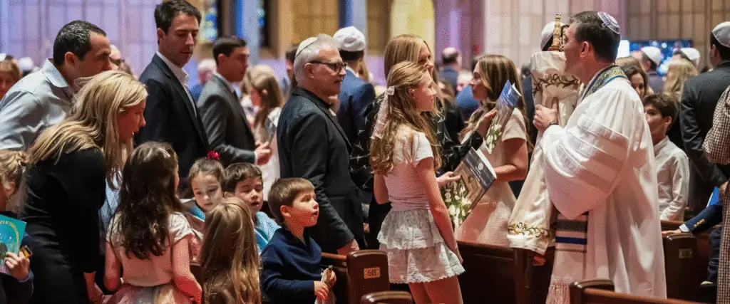 Members of the Temple Emanu-El community, including children and adults, participate in a ceremony led by a rabbi in the sanctuary.