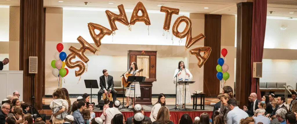 Two women perform on stage beneath festive Shana Tova balloons at a lively Temple Emanu-El celebration, surrounded by a joyful crowd and vibrant decorations.