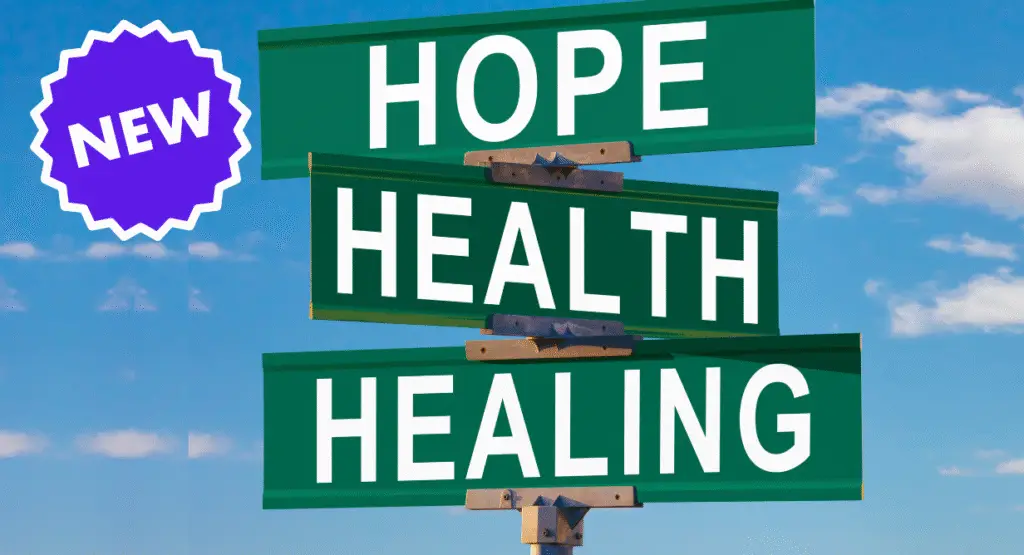 Three green street signs read Hope, Health, Healing; a purple NEW badge appears in the top left, symbolizing renewal at Temple Emanu-El.
