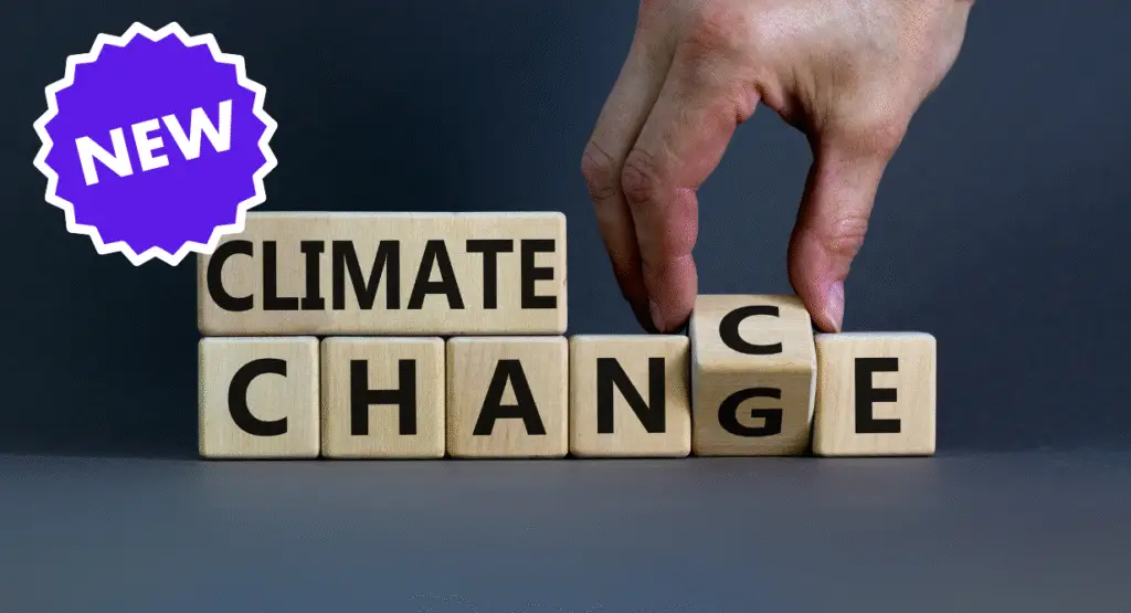 A hand rearranges wooden blocks from spelling CLIMATE CHANGE to CLIMATE CHANCE, with a NEW badge in the top left corner.