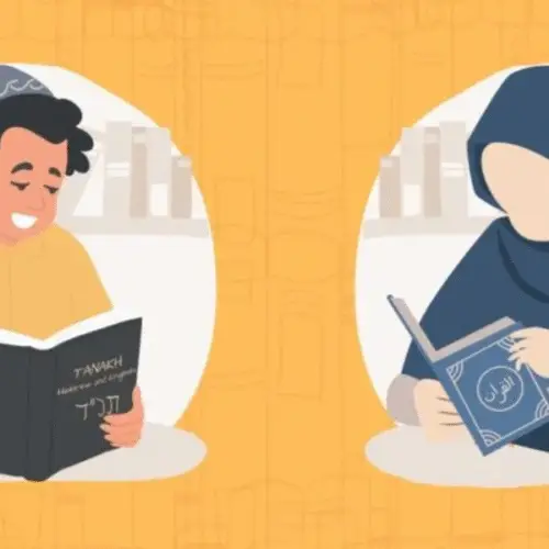 Illustration of a boy and girl in festive clothing reading prayer books together against a yellow background.