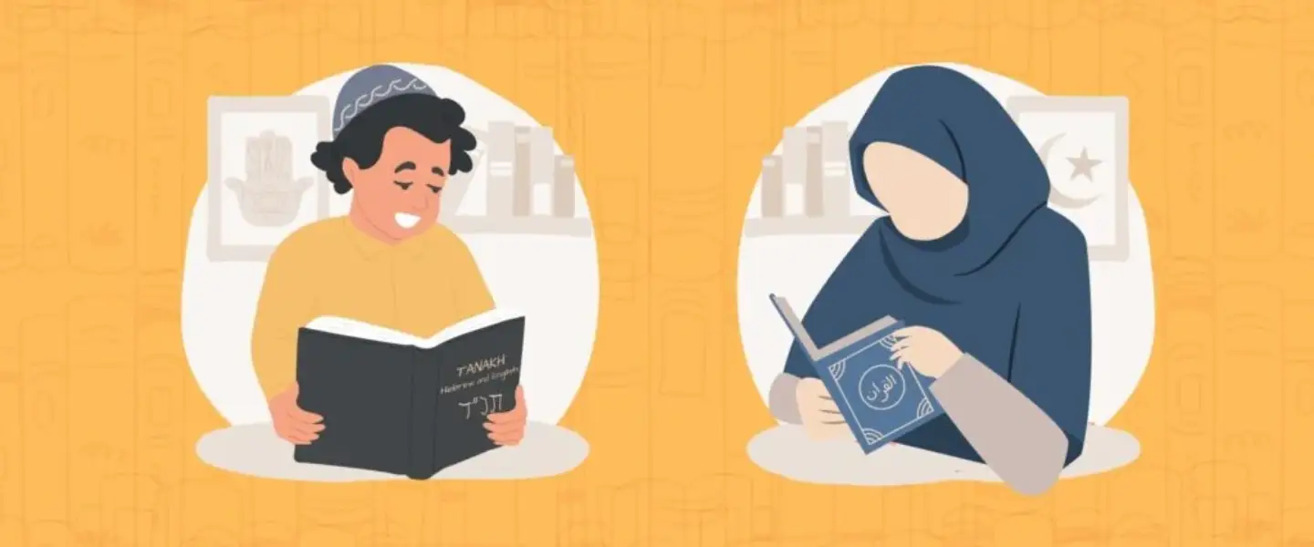 Illustration of a boy and girl in festive clothing reading prayer books together against a yellow background.