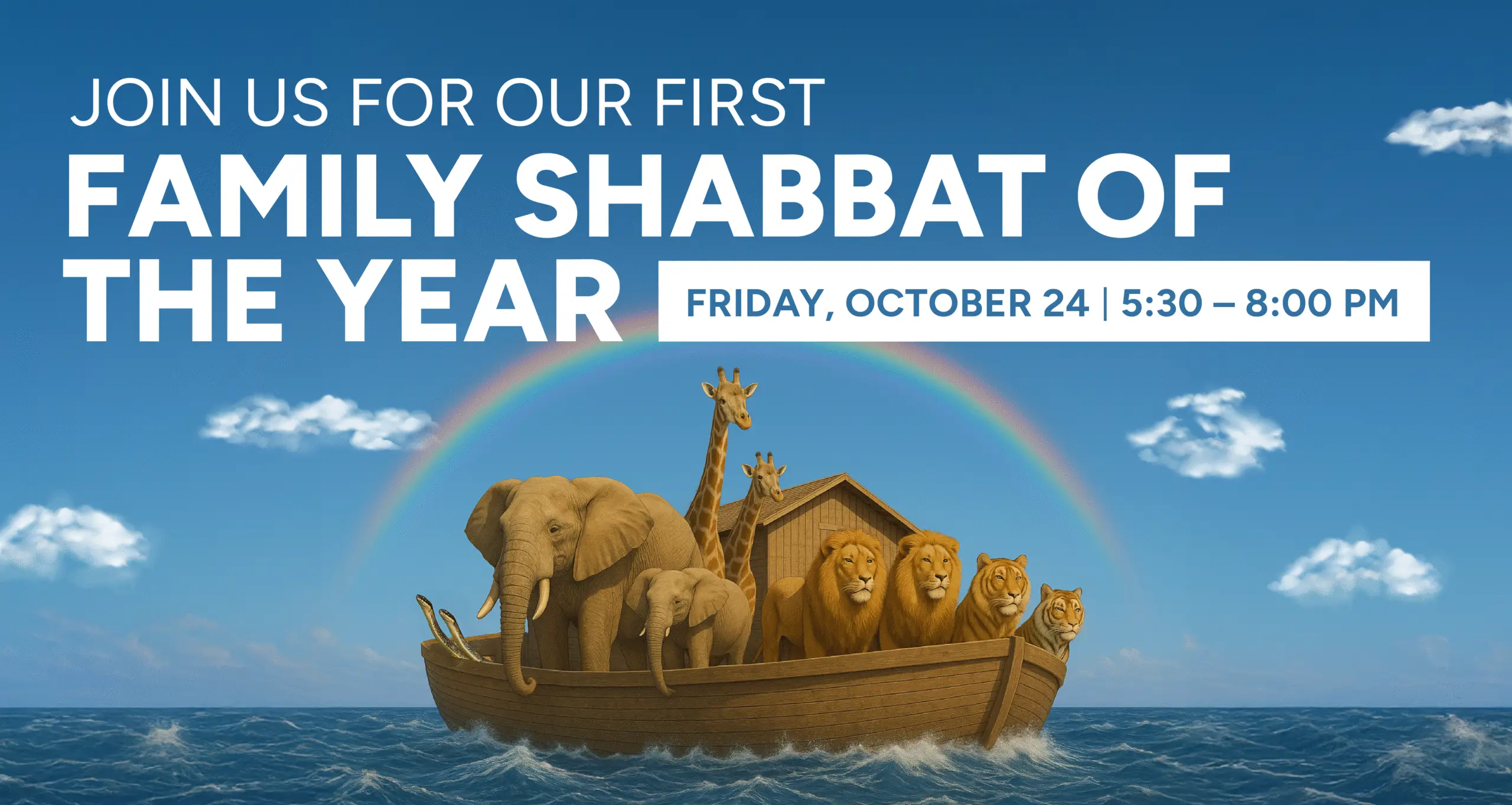 Animals on Noah’s Ark under a rainbow, inviting families to celebrate Shabbat at Temple Emanu-El, Friday, Oct 24, 5:30–8 PM.
