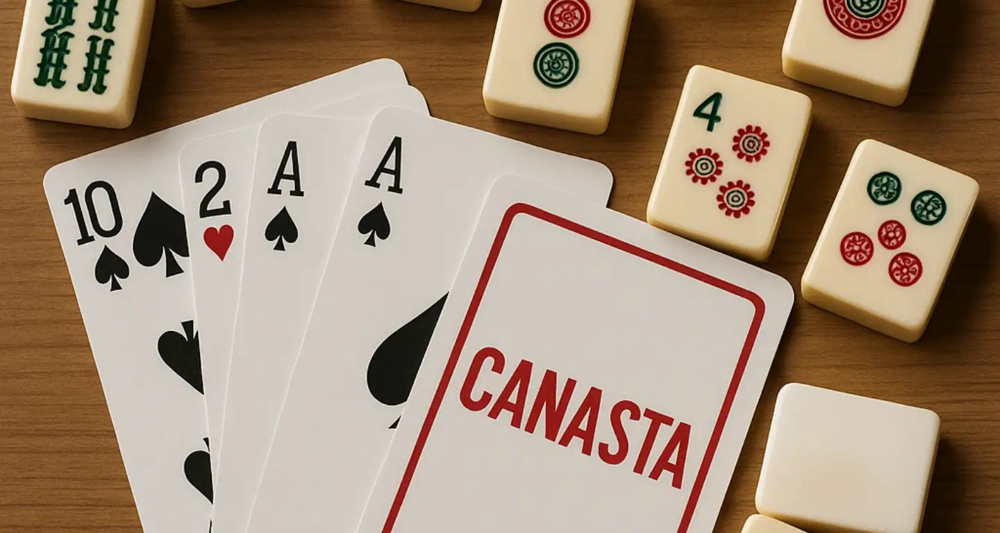 Playing cards, a Canasta card, and Mahjong tiles displayed together on a wooden table at Temple Emanu-El game night.