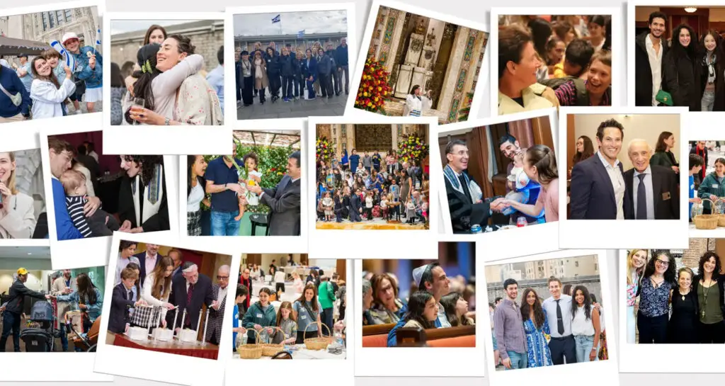 A collage depicting members of the Temple Emanu-El community—diverse individuals and families—lighting candles, celebrating Jewish traditions, and sharing joyful moments together.