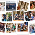 A collage depicting members of the Temple Emanu-El community—diverse individuals and families—lighting candles, celebrating Jewish traditions, and sharing joyful moments together.