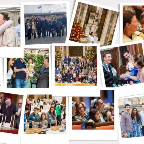 A collage depicting members of the Temple Emanu-El community—diverse individuals and families—lighting candles, celebrating Jewish traditions, and sharing joyful moments together.