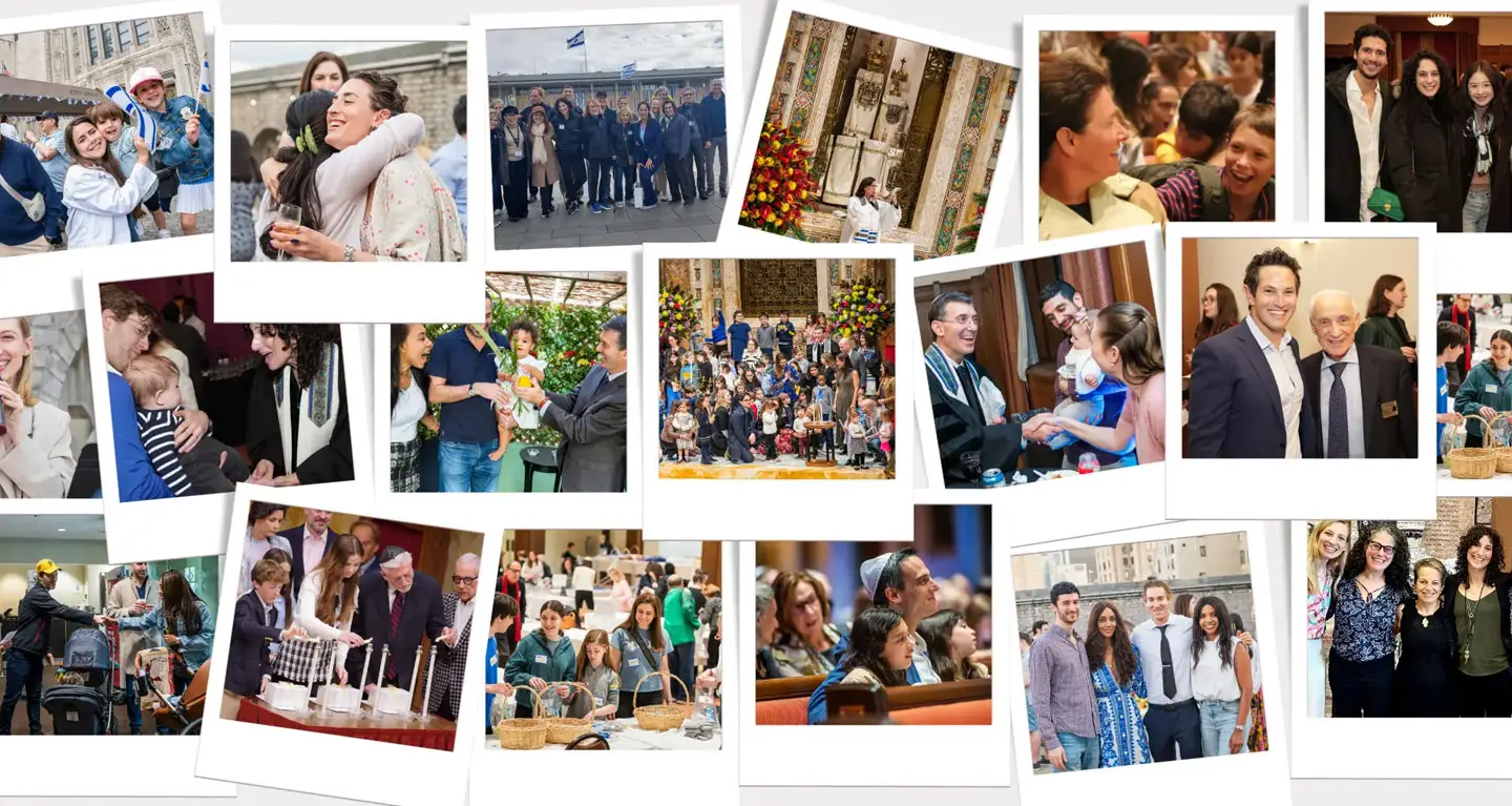 A collage depicting members of the Temple Emanu-El community—diverse individuals and families—lighting candles, celebrating Jewish traditions, and sharing joyful moments together.