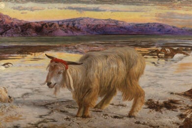 A goat with a red cloth on its horns stands against a serene white landscape with distant mountains and water in the background.