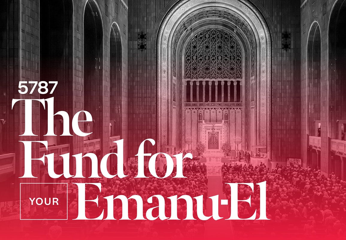 A spacious sanctuary at Temple Emanu-El filled with congregants; over the scene, bold white text reads “5787 The Fund for Your Emanu-El.”.