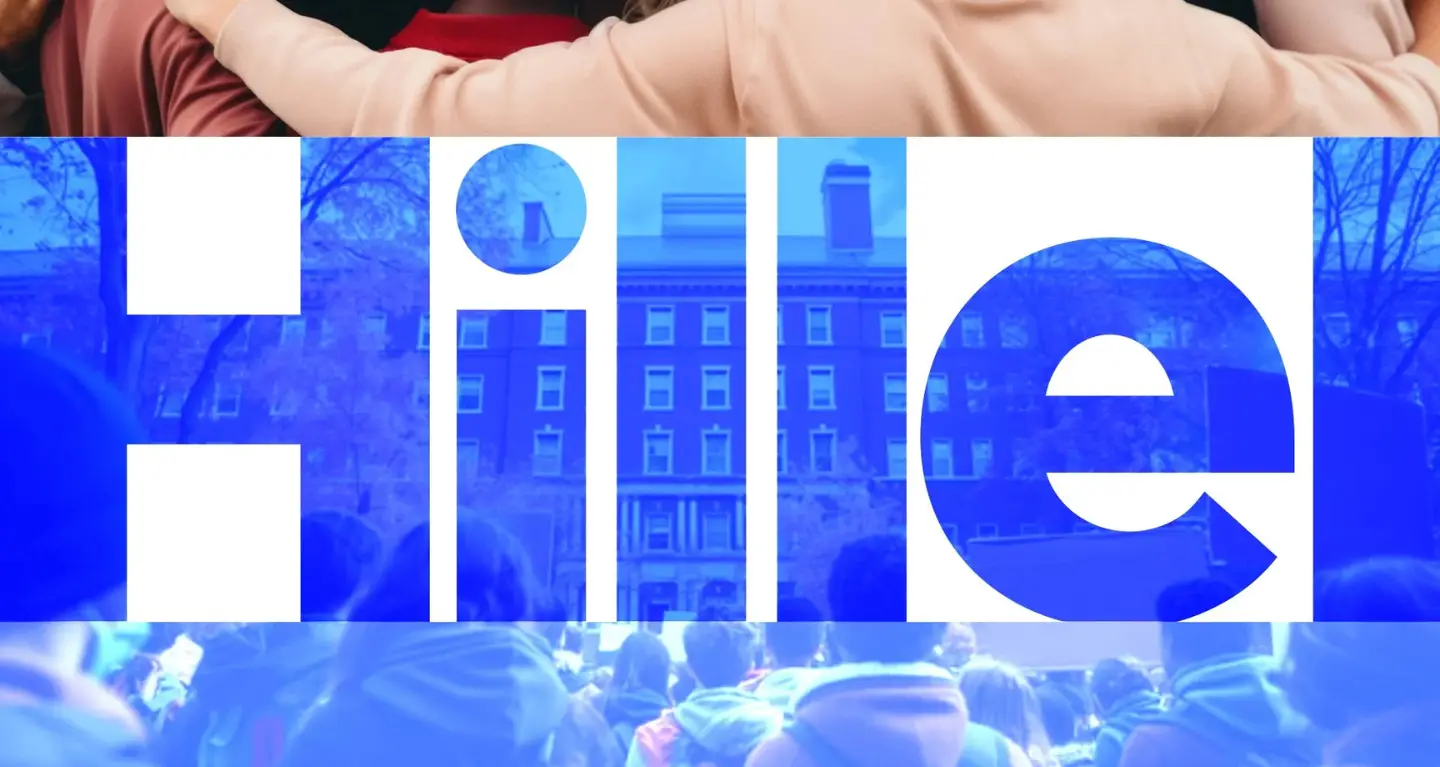 Large blue Hillel text overlays Temple Emanu-El’s grand facade and a crowd of people gathered on its steps outdoors.