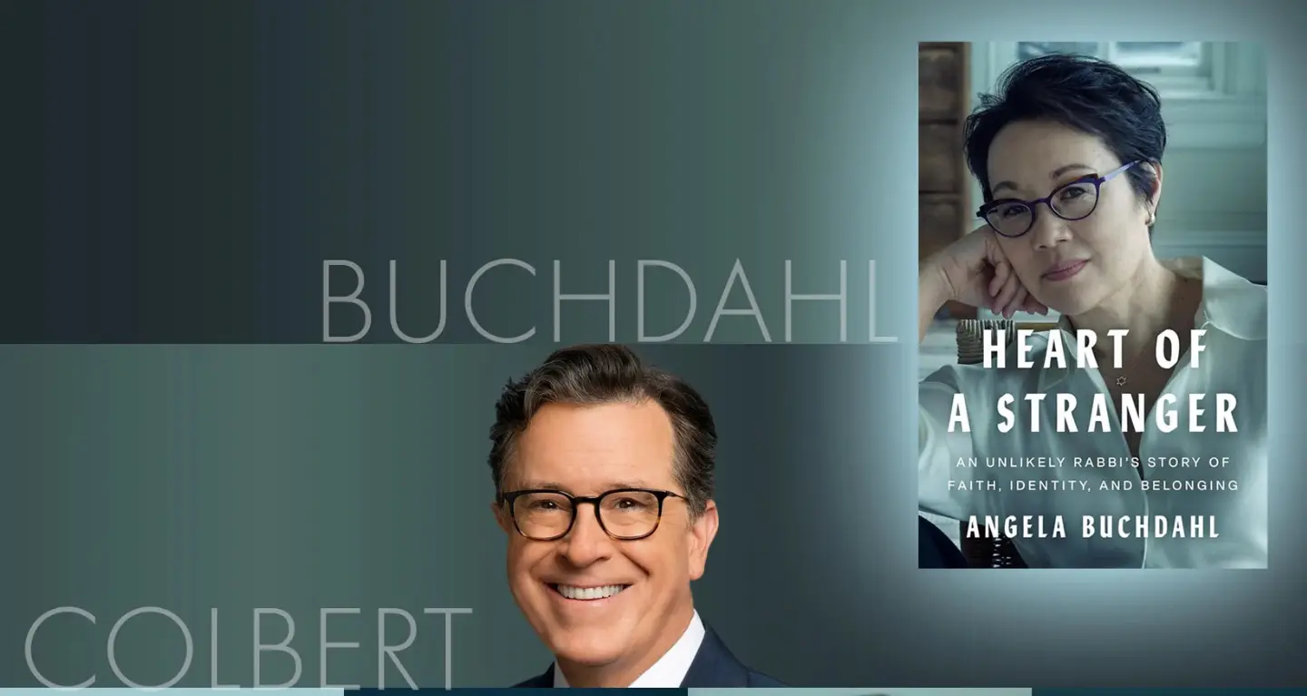 Book cover of Heart of a Stranger by Rabbi Angela Buchdahl displayed beside a smiling man in glasses and a suit.