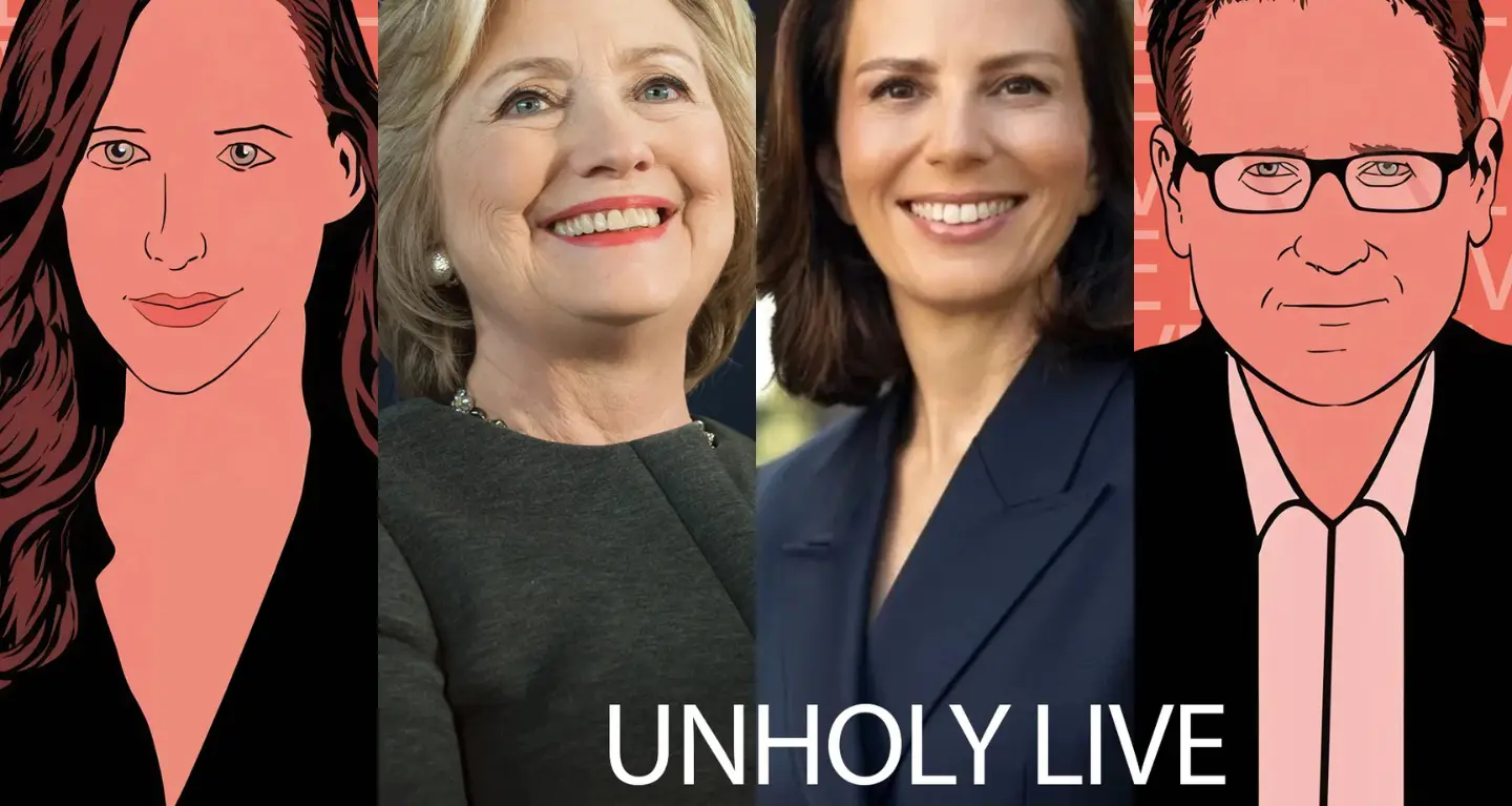 Two illustrated people and two smiling women, with the event title UNHOLY LIVE displayed at the bottom.