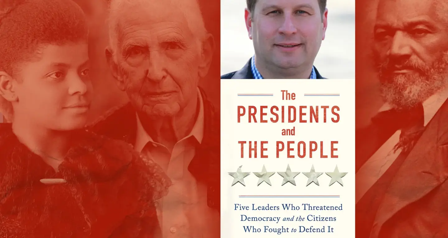 Book cover for The Presidents and The People featuring portraits of diverse leaders in red tones, reflecting American history.