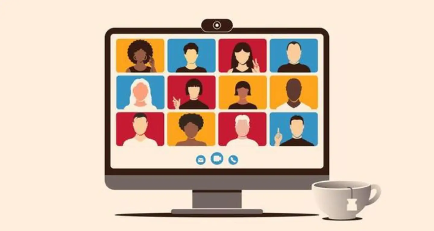 Illustration of a virtual gathering with diverse congregants on a computer screen, next to a coffee cup.