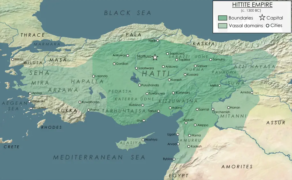 Map of the Hittite Empire circa 1300 BCE, illustrating borders, nearby regions, and principal cities in the ancient Near East.