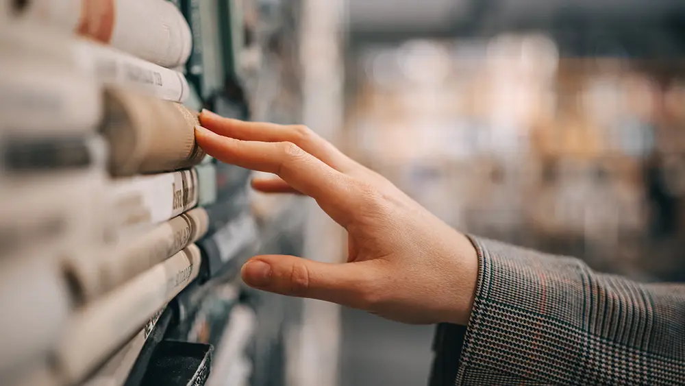 A hand reaching for books on a library shelf with blurred shelves in the background.