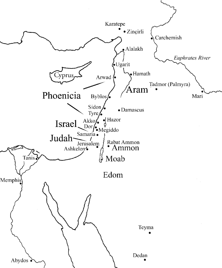 Black and white map of the ancient Near East, highlighting regions such as Israel, Judah, Phoenicia, Aram, Moab, and Edom.