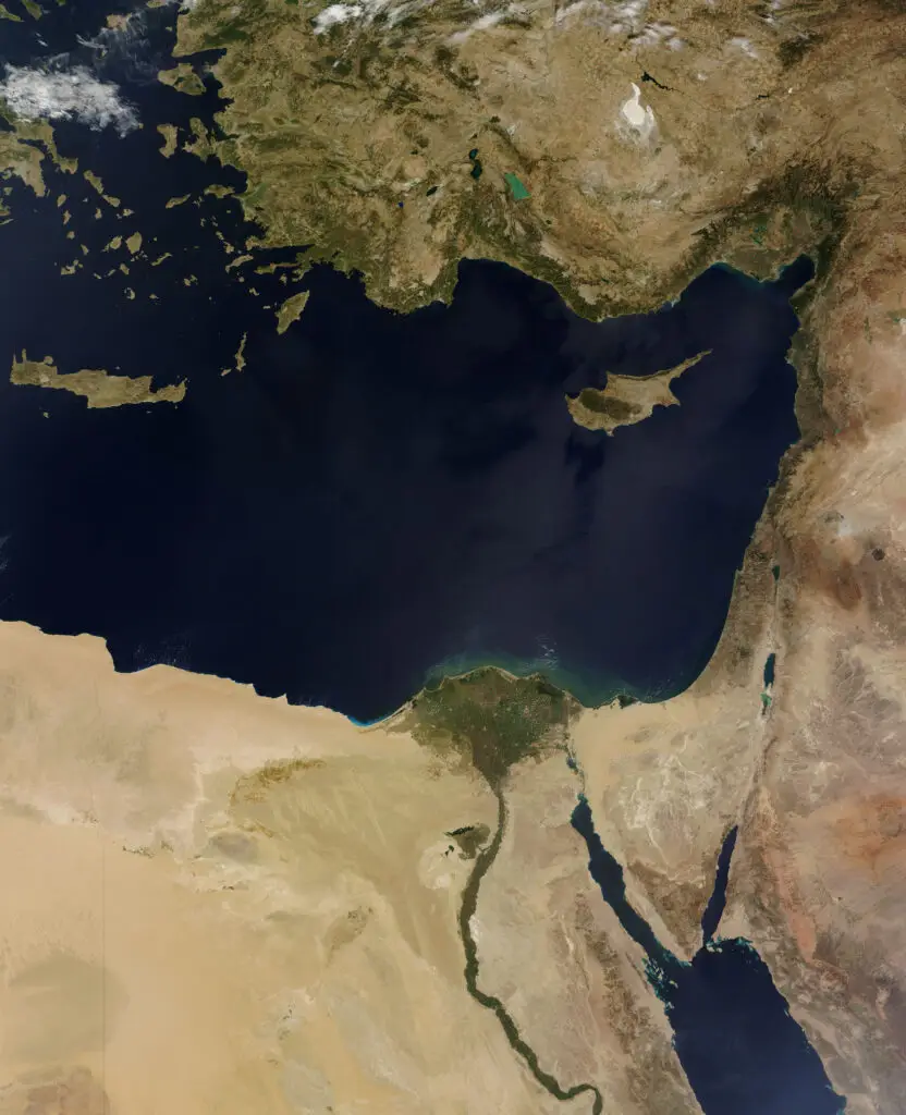 Satellite image of the eastern Mediterranean region, highlighting lands central to Jewish history, such as Egypt and surrounding areas.