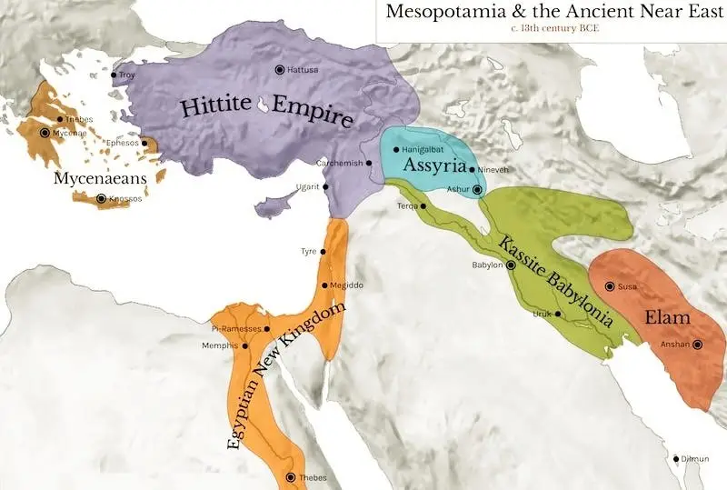 Map highlighting the ancient Hittite, Mycenaean, Assyrian, Kassite Babylonian, Elamite, and Egyptian New Kingdom civilizations.