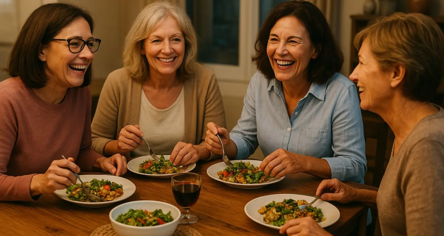 Four women enjoy salads together around a table, sharing smiles and conversation in a warm, welcoming indoor space.