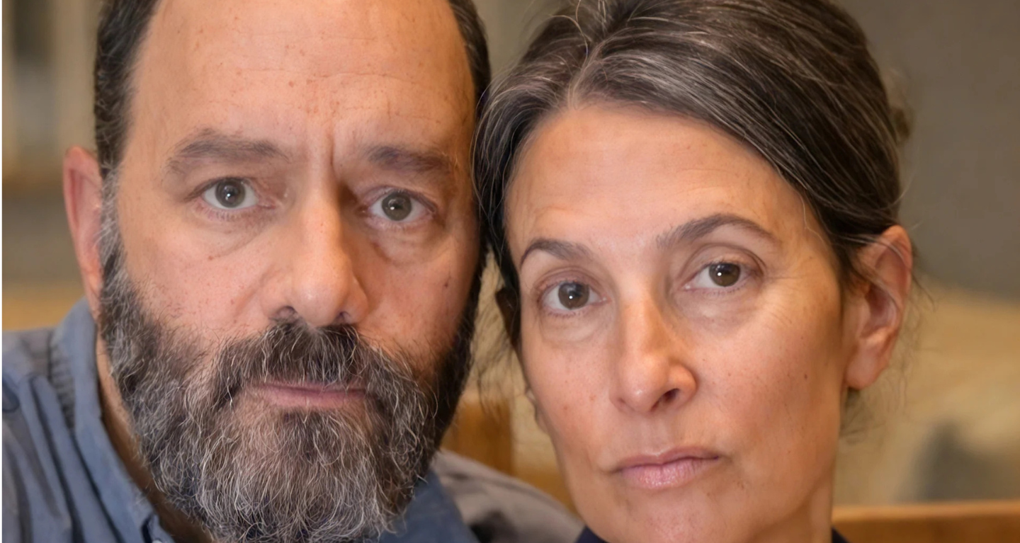 A middle-aged man and woman sit close together in a welcoming space, looking thoughtfully into the camera.