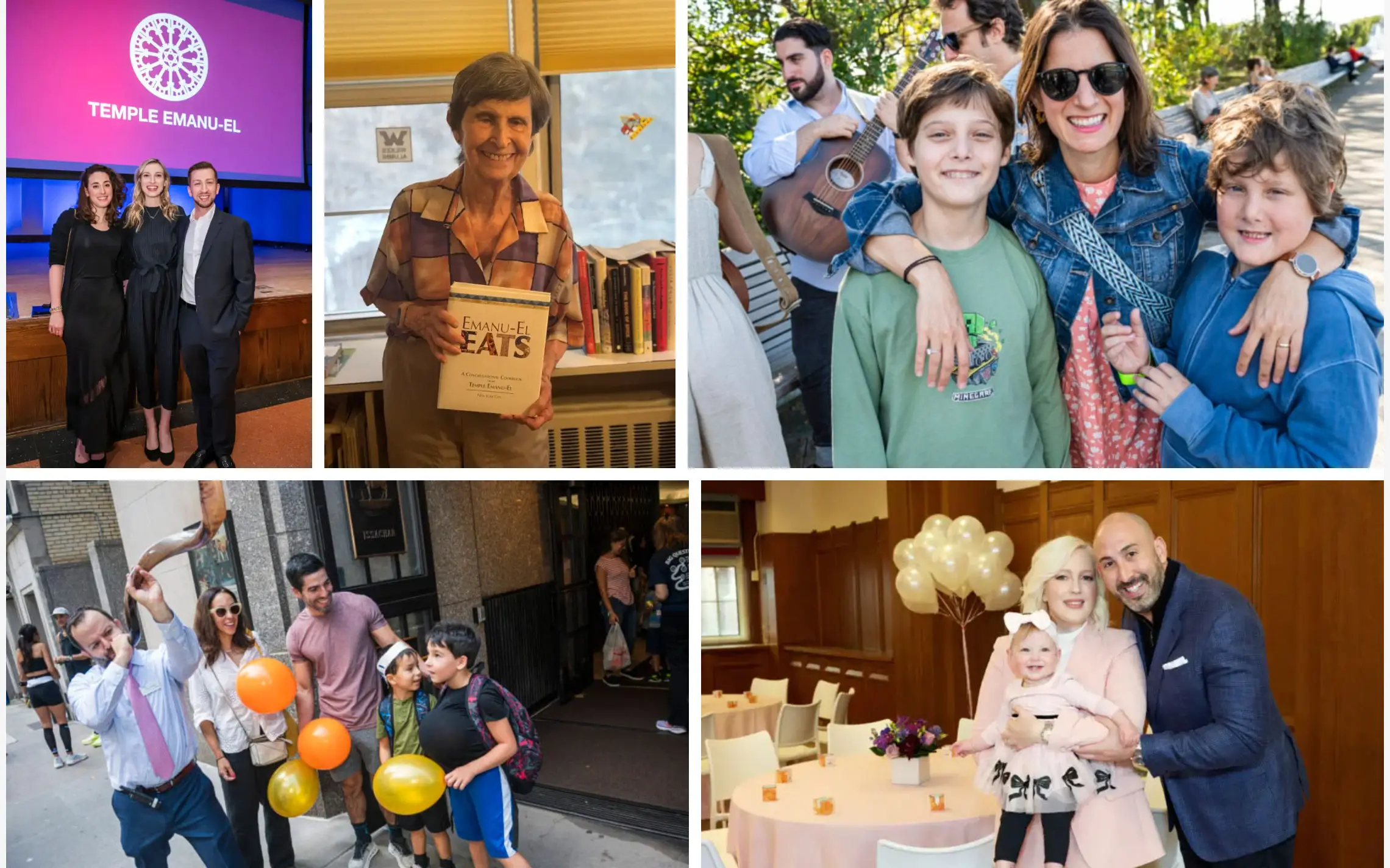 A collage of joyful congregants at Temple Emanu-El events, featuring families, children with balloons, and a woman holding a book.