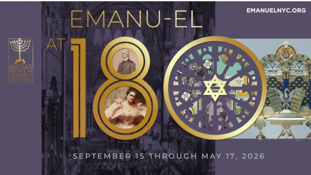 Banner celebrating Temple Emanu-El's 180th anniversary, featuring historic images and dates September 15–May 17, 2026.