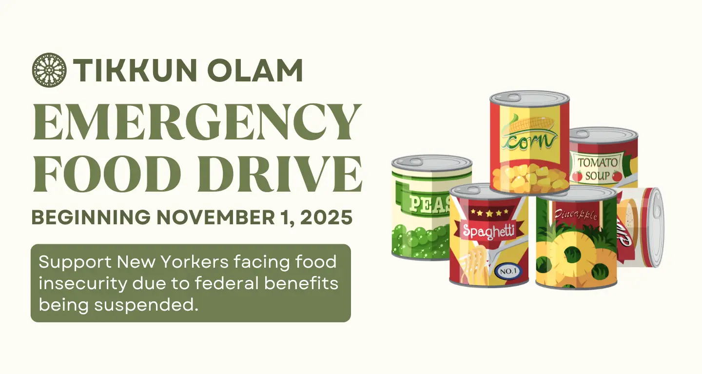 Illustration of canned goods, with text inviting the Temple Emanu-El community to an emergency food drive starting Nov. 1, 2025.