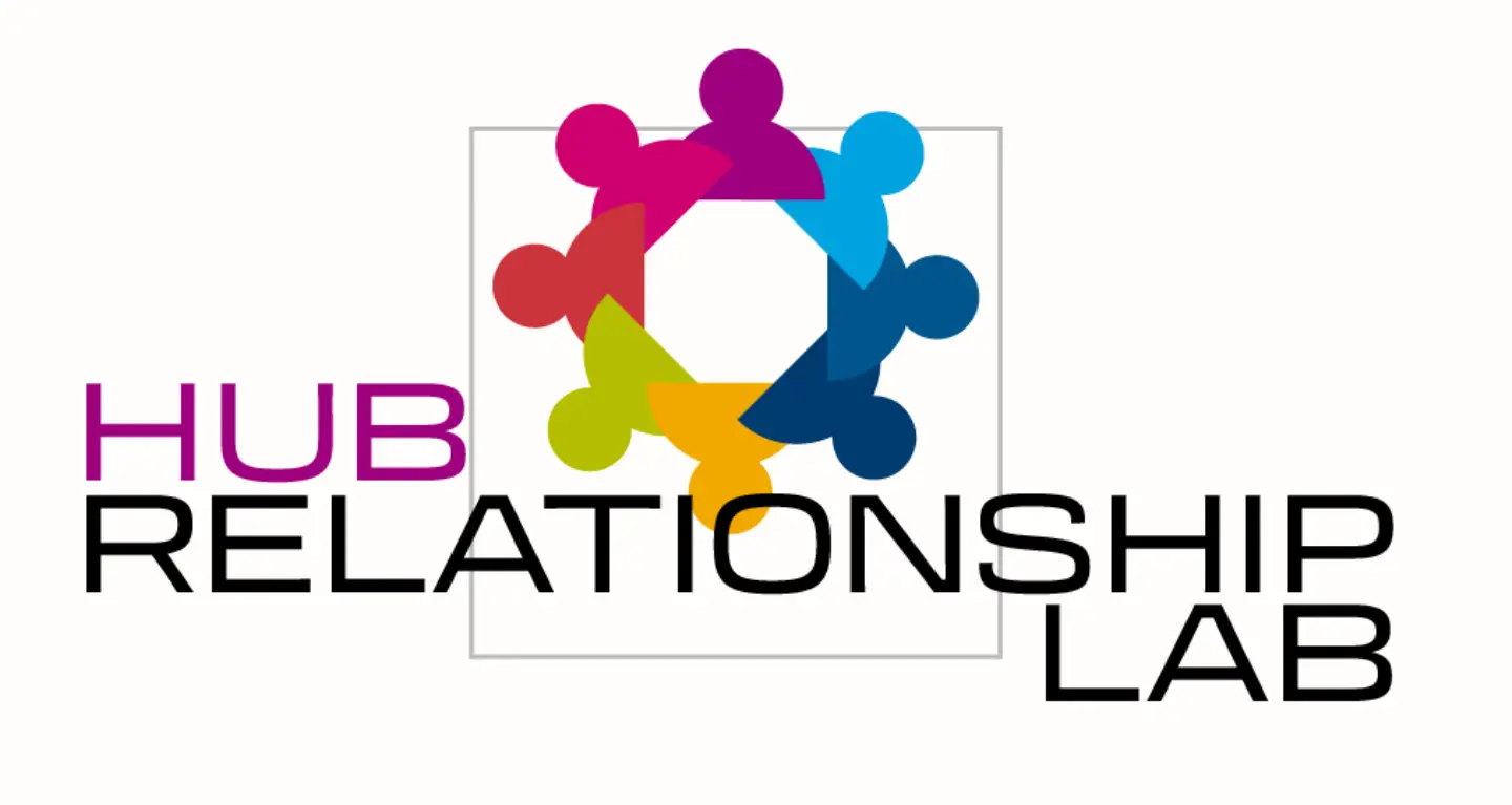 Logo with vibrant, interconnected figures in a circle above the text HUB RELATIONSHIP LAB, symbolizing community and unity.