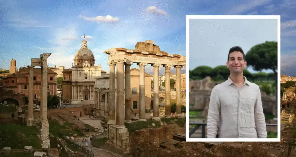 A man in a light shirt is in a photo superimposed over Roman ruins.