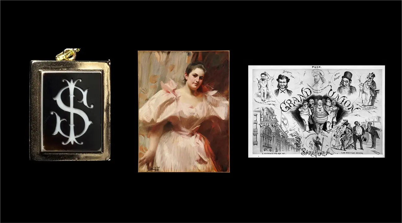A gold locket, a painting of a woman in a pink dress, and a vintage black-and-white illustrated synagogue poster.