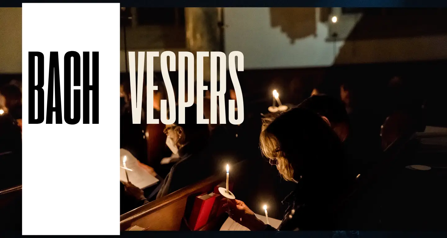 People holding candles during a nighttime service at Temple Emanu-El with large text reading Bach Vespers.