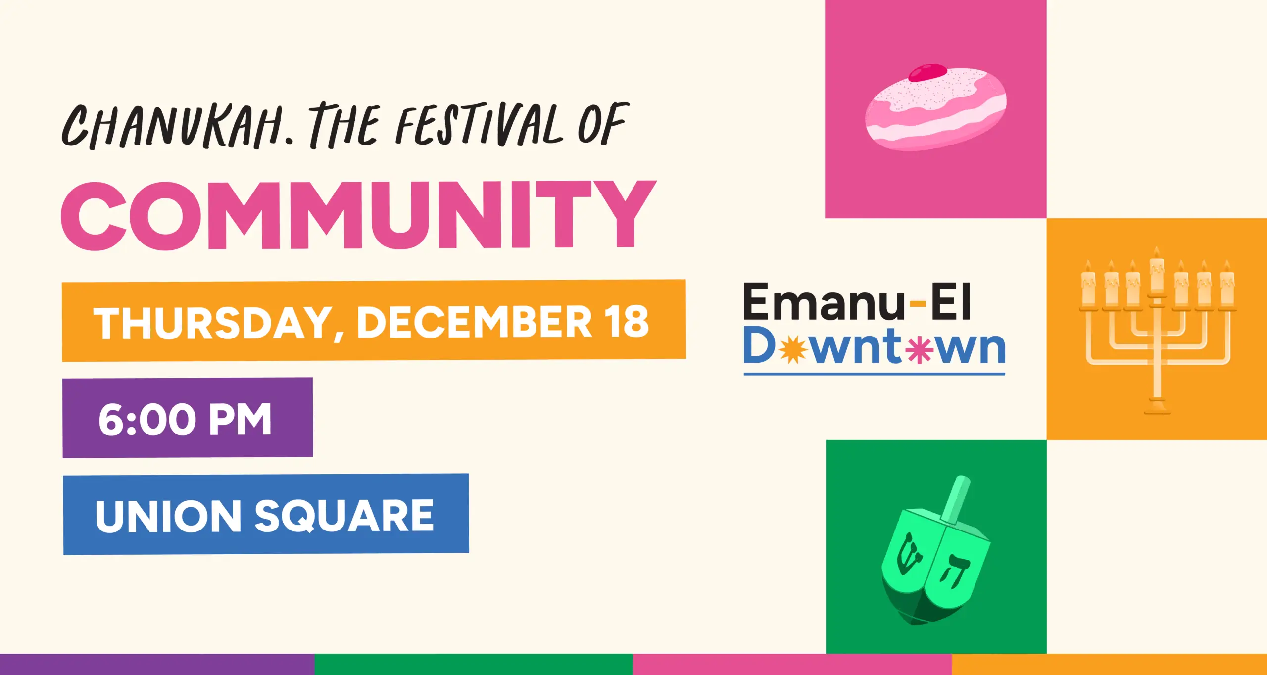 Vibrant Chanukah event flyer for Temple Emanu-El with date, time, location, and icons like menorah, dreidel, and sufganiyot.