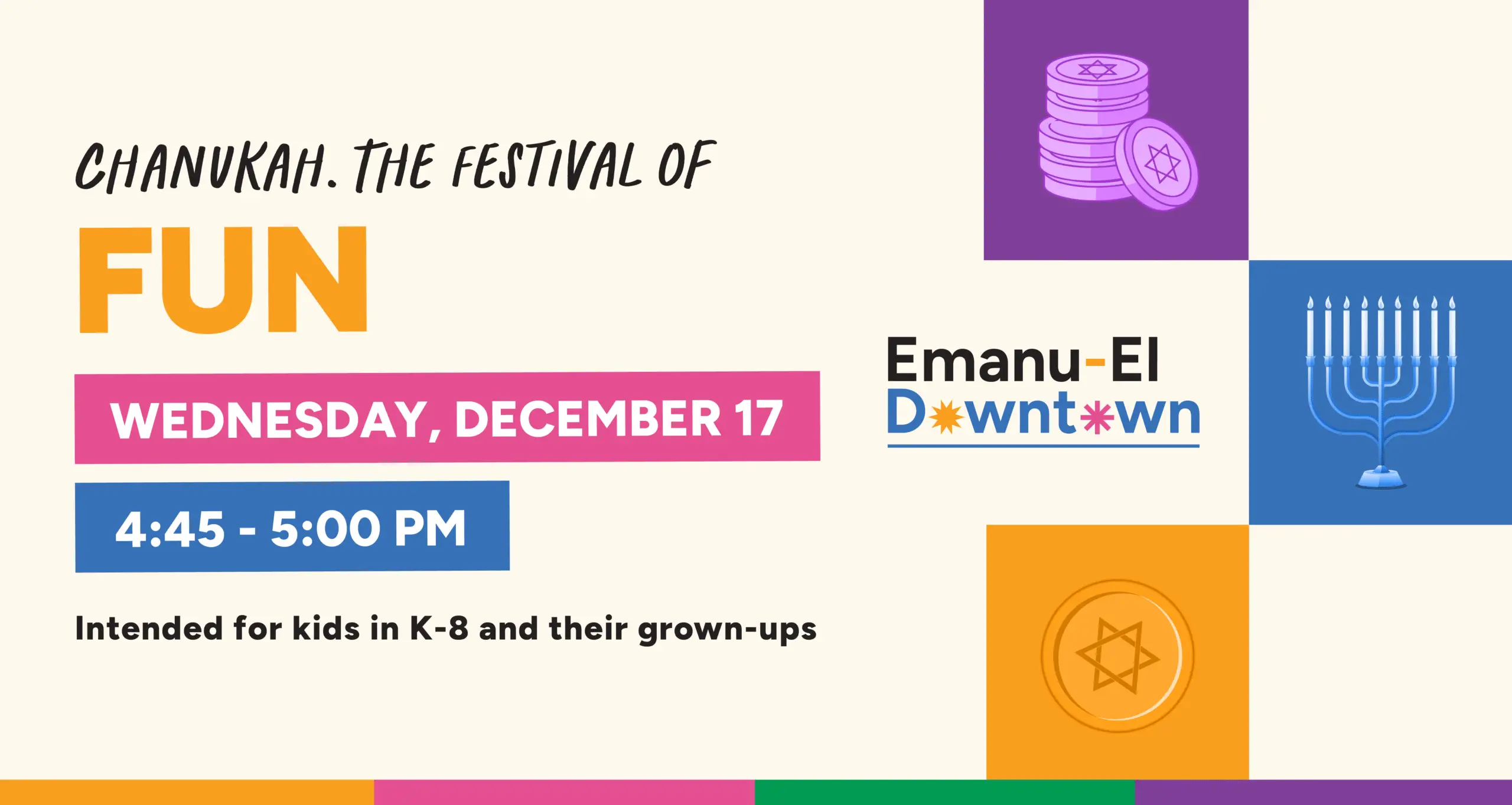 Vibrant Chanukah flyer for Temple Emanu-El, with date, time, menorah, coins, and invitation to families and all ages.