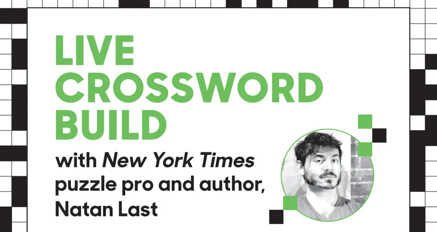 Event flyer for Temple Emanu-El: Live Crossword Build with NY Times puzzle expert and author Natan Last, featuring his photo.