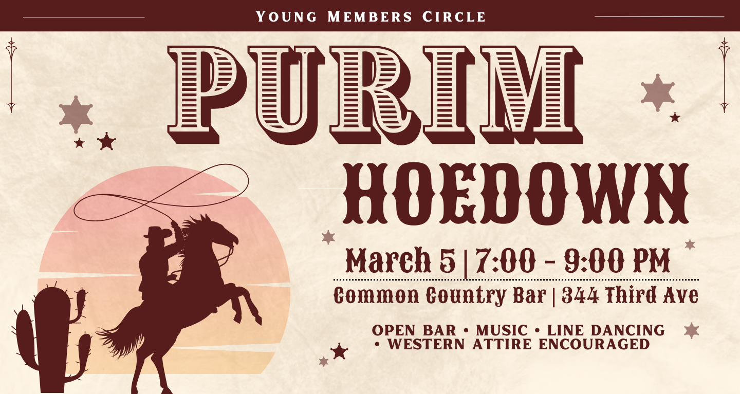 Poster for Temple Emanu-El’s Purim Hoedown, featuring a cowboy on horseback, event details, and festive western-themed graphics.
