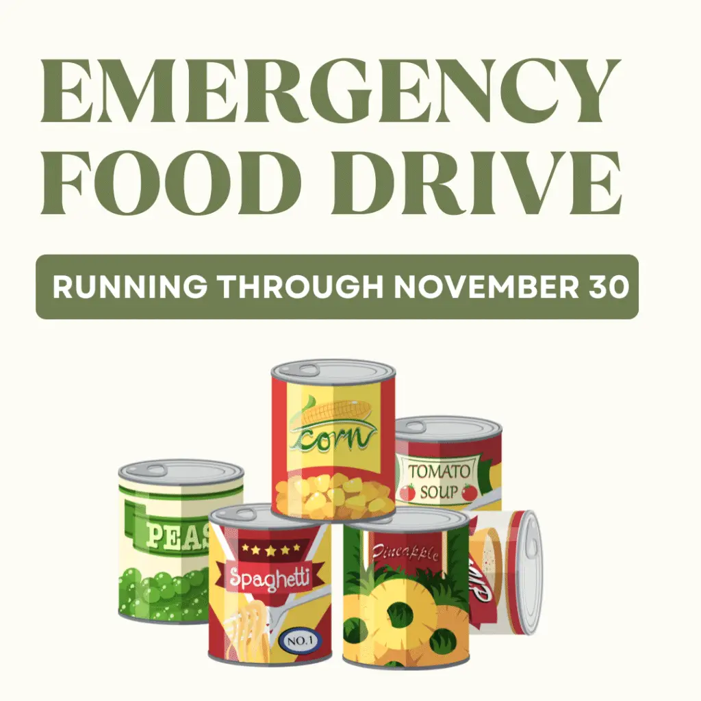 Illustration of canned food with text: Temple Emanu-El Emergency Food Drive running through November 30.