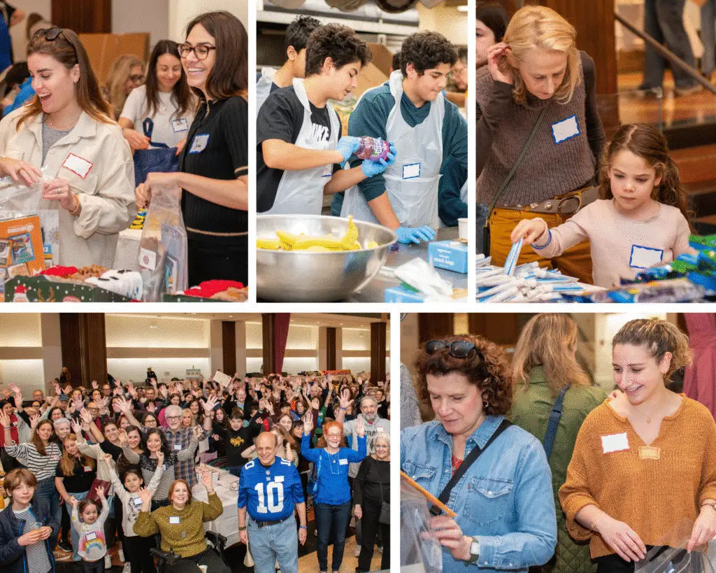 People of all ages join together on community service projects at Temple Emanu-El community event indoors.