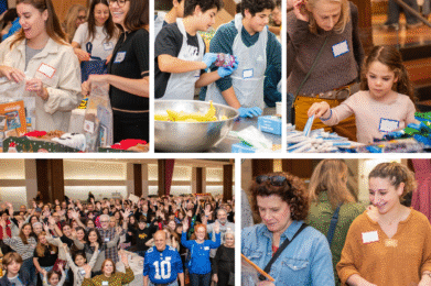 People of all ages join together on community service projects at Temple Emanu-El community event indoors.