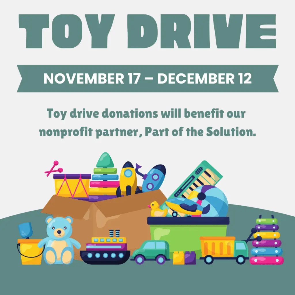 Colorful flyer for Temple Emanu-El toy drive, featuring toys and dates November 17–December 12, supporting local children.