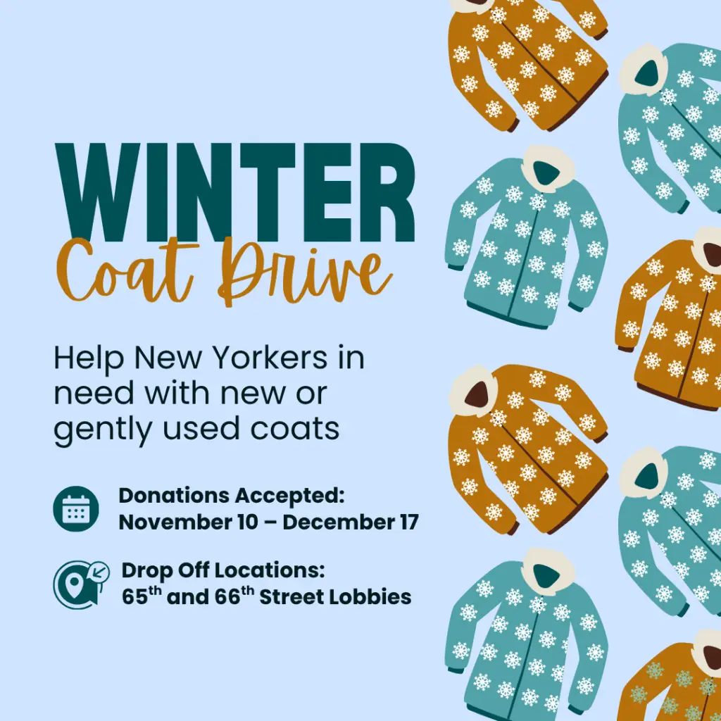 Temple Emanu-El winter coat drive flyer featuring blue and brown coats, with donation details displayed for congregants.